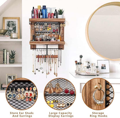 Pinzoveco Hanging Jewelry Organizer Wall Mounted With Wall Jewelry Organizer Holder For Necklaces Bracelet Earrings Ring (Rustic Wood)