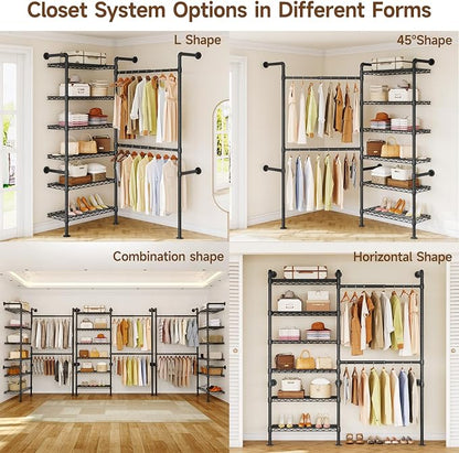 ONBRILL H2 Wall Mounted Clothing Rack, Expandable Industrial Pipe Clothes Rack Garment Racks for Hanging Clothes, Heavy Duty Closet Organizers and Storage in Closet System, Black