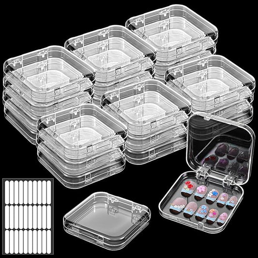 29 PCS Nail Boxes with 4 Pack Tape, Clear Acrylic Nail Display Box for Storage; 1 Large Storage Box with Lid and 24 Art Boxes for Art Home Beauty Salon