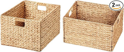 eHemco Extra Large Woven Hyacinth Wicker Storage Baskets with Iron Wire Frame, 16.1"x12.6"x9.5", Natural, Set of 2