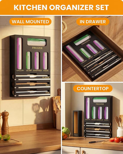 9 IN 1 Bamboo Foil and Plastic Wrap Organizer for Kitchen Drawer, Plastic Bag Organizer Organization and Storage, Food Storage Bag Organizer (BLACK)
