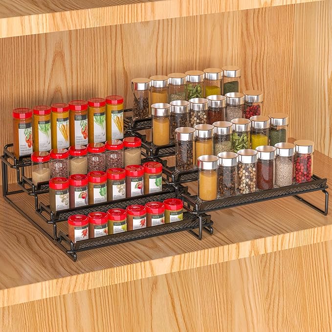 4 Tier Spice Rack Organizer for Cabinet, Black (2 PCS S&L) Seasoning Organizer Rack for Inside Cabinets, Countertop, Pantry Storage
