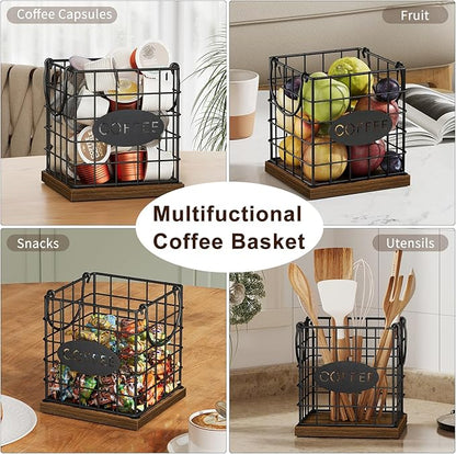 YINMIT K Cup Holder Organizer, Rustic Coffee Pod Holder Organizer, 35 Kcup Holder for Counter with Handle，Large Capacity Black Wire Coffee Capsule Basket for Kitchen Office Desktop (Square Grid)