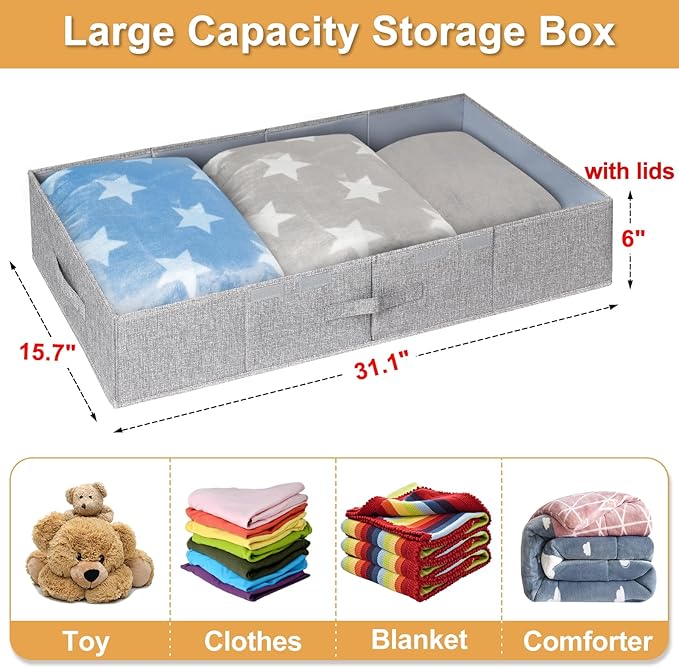 punemi Under Bed Storage Containers, Large Underbed Storage Bags with Firm Sides, Lid and 3 Handles, Flat Storage Organizer for Blankets, Clothes, Comforters, Toys and Closet, 31.1 x 15.7 x 6 in