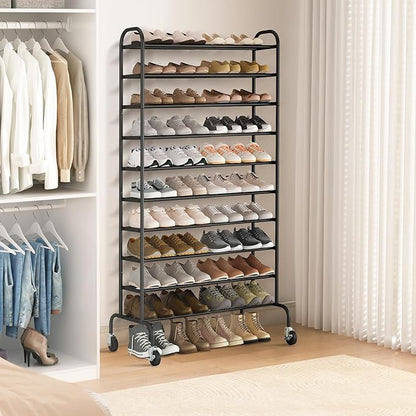 STORAGE MANIAC 10-Tier Expandable Shoe Rack, 44 Pairs Tall Vertical Shoe Rack, Heavy-Duty Metal Adjustable Shoes Organizer for Closet, Entryway, Hallway, Garage, Front Door, Shoes Shelves, Black