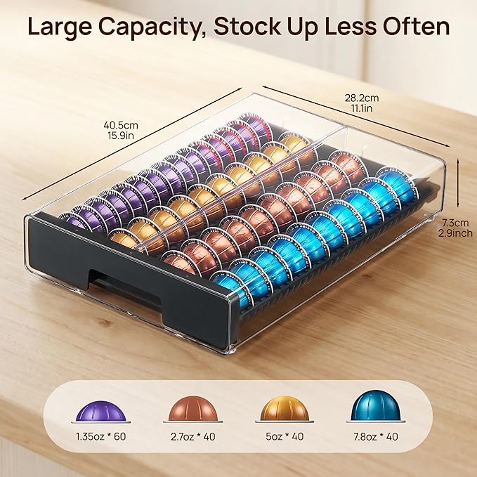 Vtopmart Coffee Pod Drawer Organizer for Nespresso Vertuo Pods, Holds 40 Large or 60 Small Capsules, Acrylic Coffee Pod Holder with Smooth Pull-Out, Anti-Slip Clear Storage