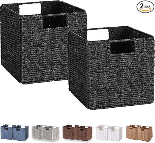 Vagusicc Wicker Basket, Set of 2 Woven Storage Baskets for Shelves, Foldable Cube Storage Basket Bins with Handles, 9 inch Small Storage Baskets for Organizing Pantry Bedroom, Black