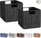 Vagusicc Wicker Basket, Set of 2 Woven Storage Baskets for Shelves, Foldable Cube Storage Basket Bins with Handles, 9 inch Small Storage Baskets for Organizing Pantry Bedroom, Black