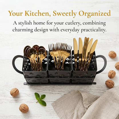 Silverware Caddy with Bee Design, 3 Compartment Metal Utensil Holder with Handles,Silverware Holder for Party Countertop, Kitchen, Outdoor, Cutlery Holder Organizer for Spoon Fork,Black