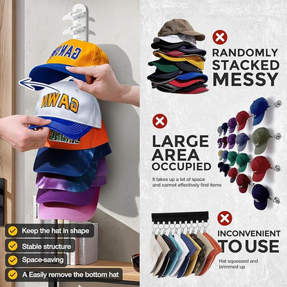 Hat Hook for Wall, 2 Pack Hat Organizer Hold up to 20 Hats,Hat Holder with Strong Adhesive and 8 Pack Screws, Cap Holder Hat Hangers for Wall Closet Door and Bedroom(B-white)