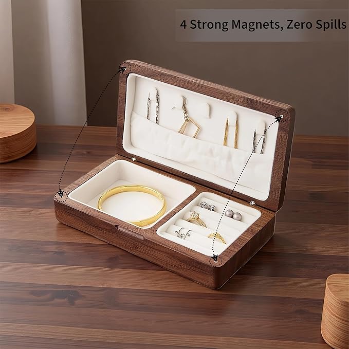 Solid Walnut Wood Jewelry Box for Women & Men - Vintage Travel Organizer with Portable Mini Case, Earring Storage, chinoiserie Handcrafted Gift (Walnut, Square)