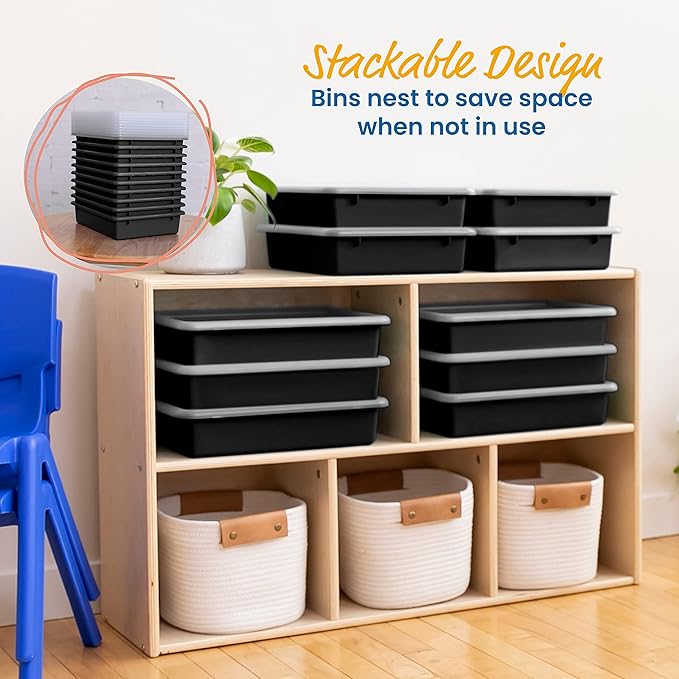 ECR4Kids Letter Size Plastic Tray Organizer with Lids, Small, Storage Bins, Black, 10-Piece