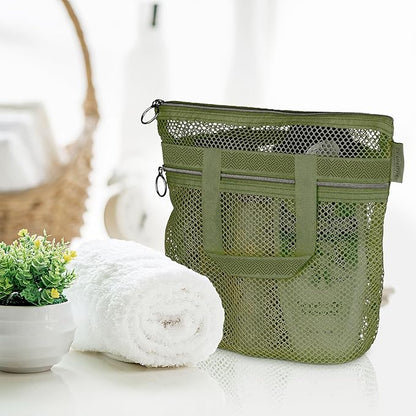 DV Lifestyle Mesh Shower Bag 10.2x9.9'' Quick-Dry Caddy with Zipper & 2 Pockets. Portable Toiletry Tote for Bathroom, Gym, Travel, Camp, Beach, for Sunscreen, Dorm & College Essentials (Olive Green)