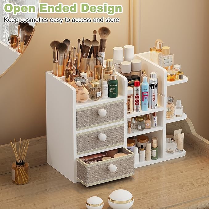 Large Makeup Organizer Countertop With Brush Holder Drawer For Vanity,Bamboo Bathroom Counter Organizers And Storage,Cosmetic Skincare Perfume Organizer,Easy To Store Nail Polish, Lipstick, Eyeshadow