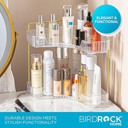 BIRDROCK HOME 2-Tier Corner Cosmetic Organizer - Clear Shelves with Gold Hardware, Easy Assembly, Durable Design for Makeup, Perfumes, and Self-Care Products