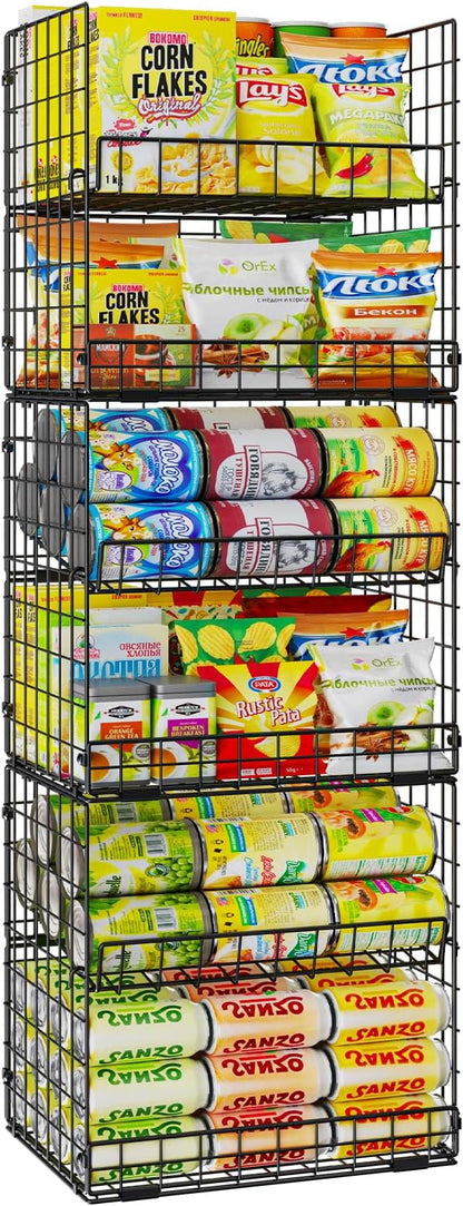 JKsmart 6-Tier Stackable Wire Basket, Can Organizer for Pantry Kitchen, XXL Metal Storage Shelves with Dividers & Handles, Easy Assembly Space Saving Storage Bins for Snacks Fruits Veggies