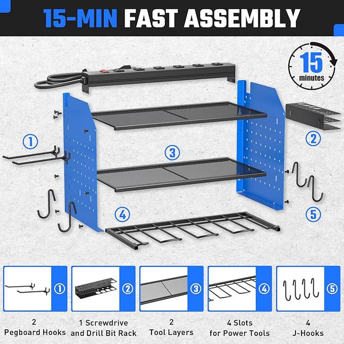 ZESEN Power Tool Organizer with Charging Station, Heavy Duty 4 Layer Drill Holder Wall Mount Garage Shelf Rack with 6 Outlet Power Strip, Tool Shelf with Hooks, Drill Bit Rack for Garage, Blue