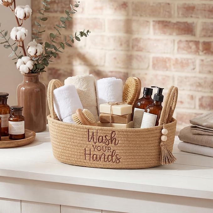 Wash Your Hands Bathroom Decoration Brown Cotton Rope Toilet Basket Toilet Paper Holder Basket Rustic Bathroom Organizer Farmhouse Home Decoration Organizing Small Baskets