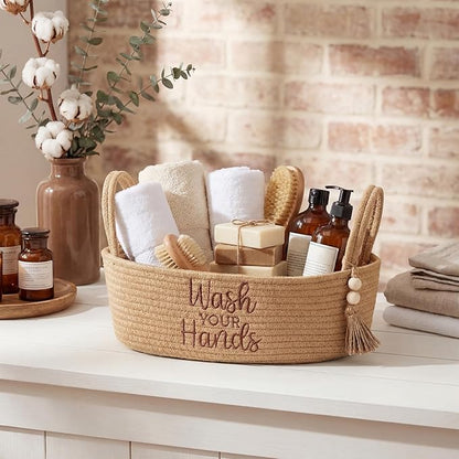 Wash Your Hands Bathroom Decoration Brown Cotton Rope Toilet Basket Toilet Paper Holder Basket Rustic Bathroom Organizer Farmhouse Home Decoration Organizing Small Baskets