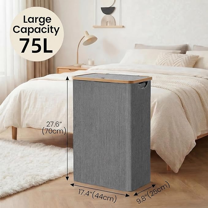 efluky Slim Laundry Basket with Lid, Narrow Laundry Hamper with Removable Bag, Skinny Dirty Clothes Basket with Bamboo Handles for Bathroom, Bedroom & Laundry Room, 75L Grey