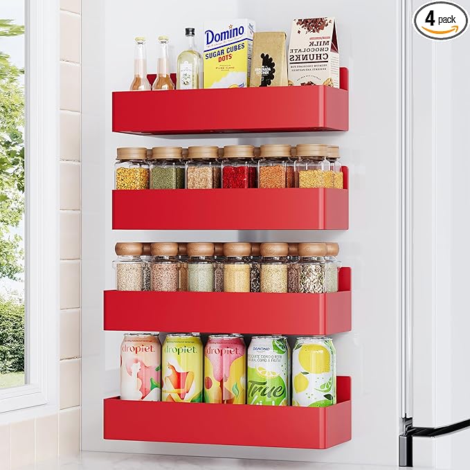 Mystozer Magnetic Spice Rack for Refrigerator, Kitchen Organizer and Storage Shelf, Red (4 Pack)…