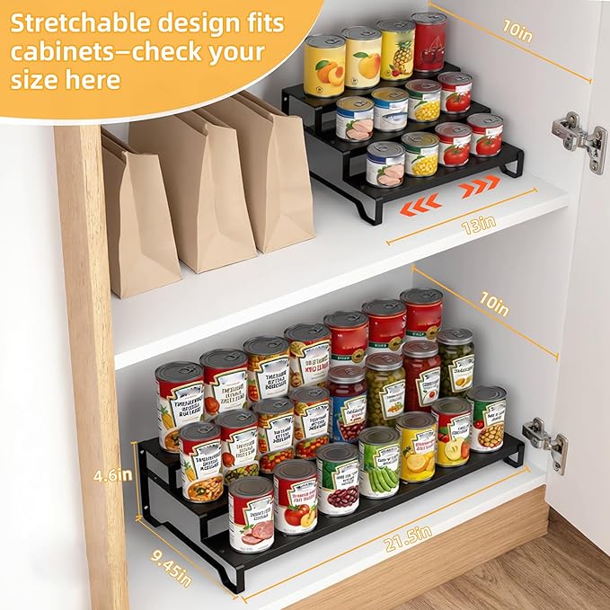 3 Tier Expandable Can Rack Organizer for Pantry, Adjustable 13"-21" Metal Soda Can Organizer, Pantry Organization Canned Food Storage Holder for Kitchen Cabinet Countertop, Black 1Pack