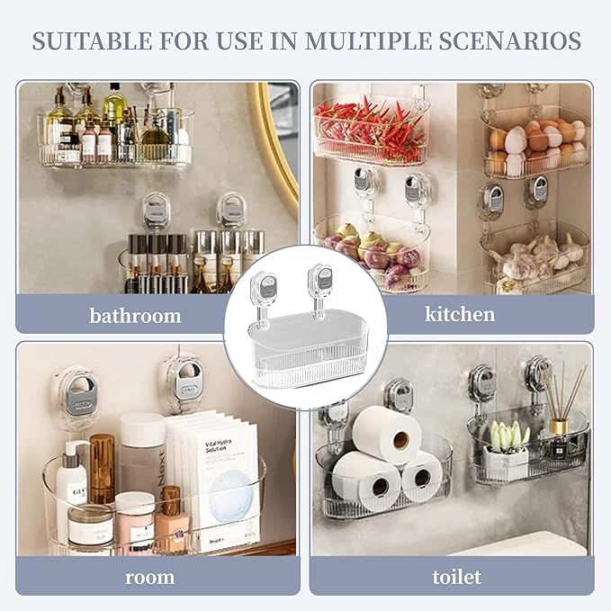 No-Drill Wall Mount Storage Box, Wave-Grip Suction Cup Bathroom Organizer, Transparent PET Shower Caddy for Cosmetics Toiletries Kitchen Countertop, Small Size