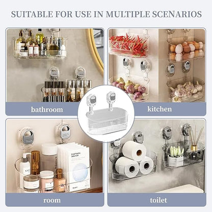 No-Drill Wall Mount Storage Box, Wave-Grip Suction Cup Bathroom Organizer, Transparent PET Shower Caddy for Cosmetics Toiletries Kitchen Countertop, Small Size