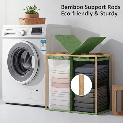 efluky Laundry Hamper with Lid, Double Laundry Basket with 2 Removable Bags, 2 Section Laundry Bin with Bamboo Handles for Bathroom, Bedroom & Laundry Room, 140L (36.9 Gallon) Sage Green