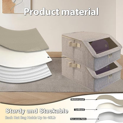 Stackable Hat Storage for Baseball Caps, Holds up to 30 Caps with Cardboard, Hat Organizer for Women & Men, 2 PCS Hat Storage Boxes for Closet, Beige