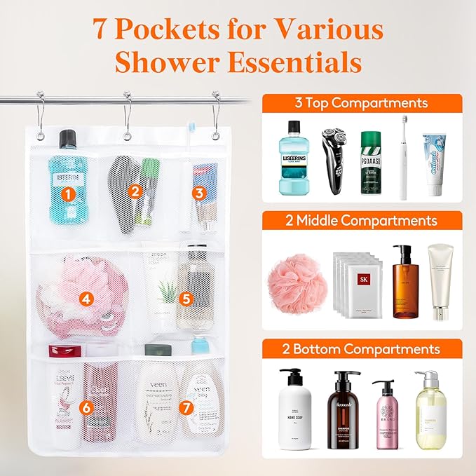 Lifewit Cruise Essentials Shower Caddy Must-Have, 7 Pockets Hanging Bathroom Organizer with Quick-Dry Mesh, Portable Shower Bag to Storage Soap, Shampoo, for RVing, Travel, Camping, White, 2 Packs