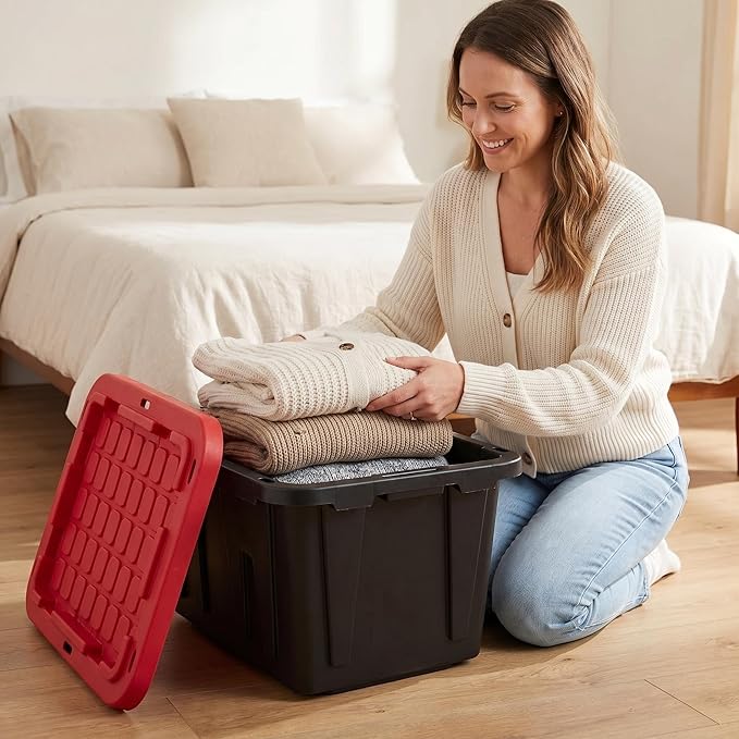 2-Pack 27 Gallon Heavy Duty Storage Bin with Lid, Stackable Large Plastic Tote Container for Home Garage & Outdoor - 30.6" W x 20.6" D x 14.3" H, Black and Red