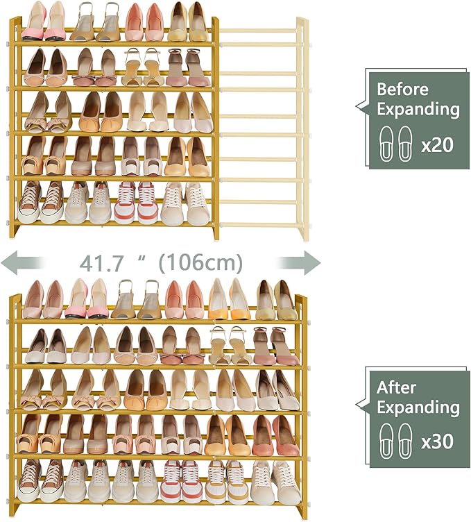 FAVOOSTY 5-Tier Expandable Shoe Rack, Adjustable Shoe Shelf Storage Organizer Space Saving Metal Free Standing Shoe Rack for Entryway Closet Doorway, Silver Grey (Gold, 5 Tier)