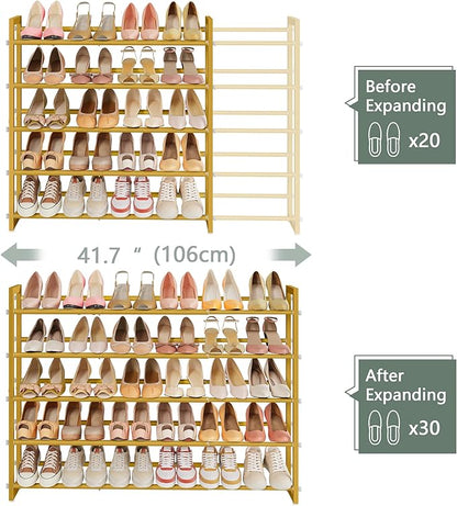 FAVOOSTY 5-Tier Expandable Shoe Rack, Adjustable Shoe Shelf Storage Organizer Space Saving Metal Free Standing Shoe Rack for Entryway Closet Doorway, Silver Grey (Gold, 5 Tier)