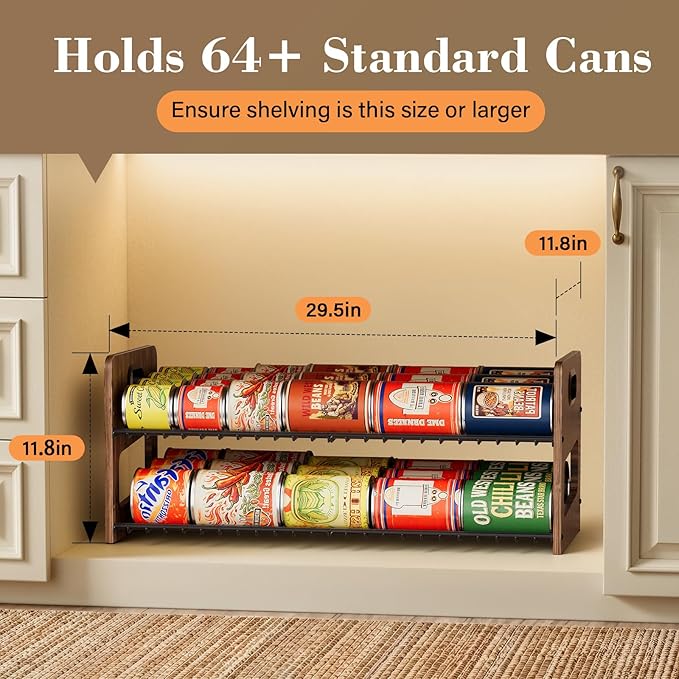 Stackable 2-Tier Can Organizer for Pantry, Space-Saving Pantry Organizer Holds up to 64 Canned Goods, Sturdy Black Shelf for Soup & Food Storage