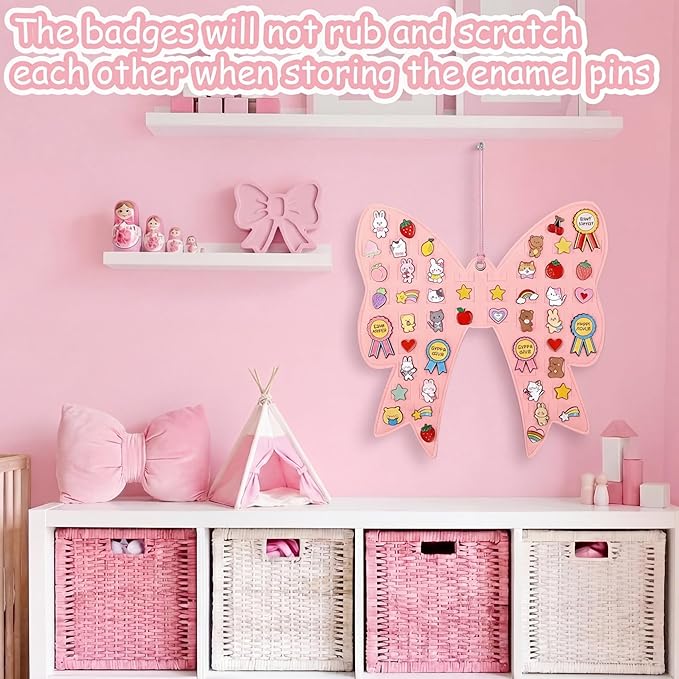 Pink Bow Brooch Pin Organizer Wall Hanging Display Board Kawaii Enamel Display Holder Storage Case Holds 106 Pins Cute Coquette Aesthetic Collection Rack for Room Decor Gift