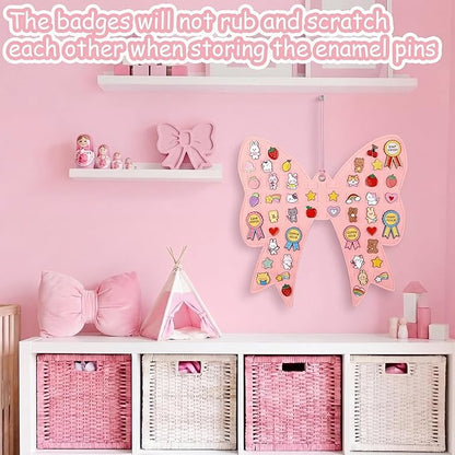Pink Bow Brooch Pin Organizer Wall Hanging Display Board Kawaii Enamel Display Holder Storage Case Holds 106 Pins Cute Coquette Aesthetic Collection Rack for Room Decor Gift