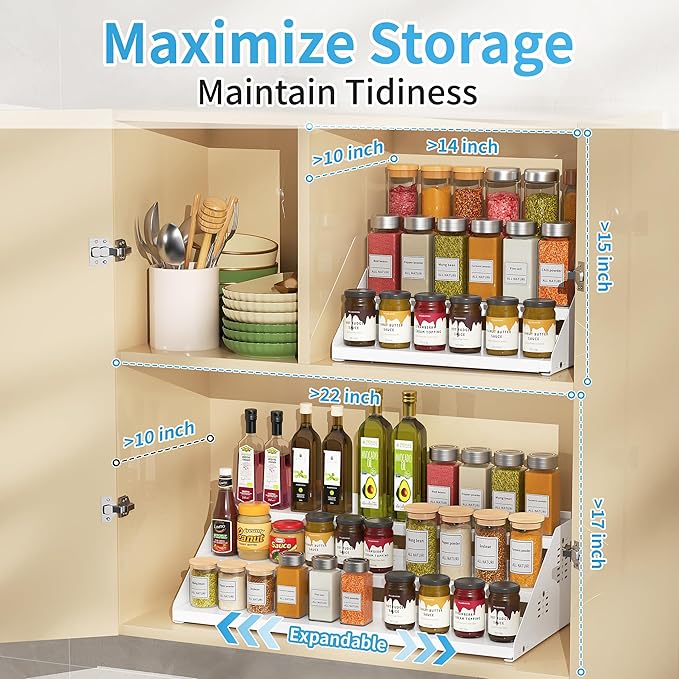 BOIVSHI Spice Rack, Spice Organization for Cabinet - Expandable Width, 3 Tiered Spice Rack Organizer for Cabinet - Adjustable Height, Seasoning Organizer for Cabinet, Countertop, Pantry, White