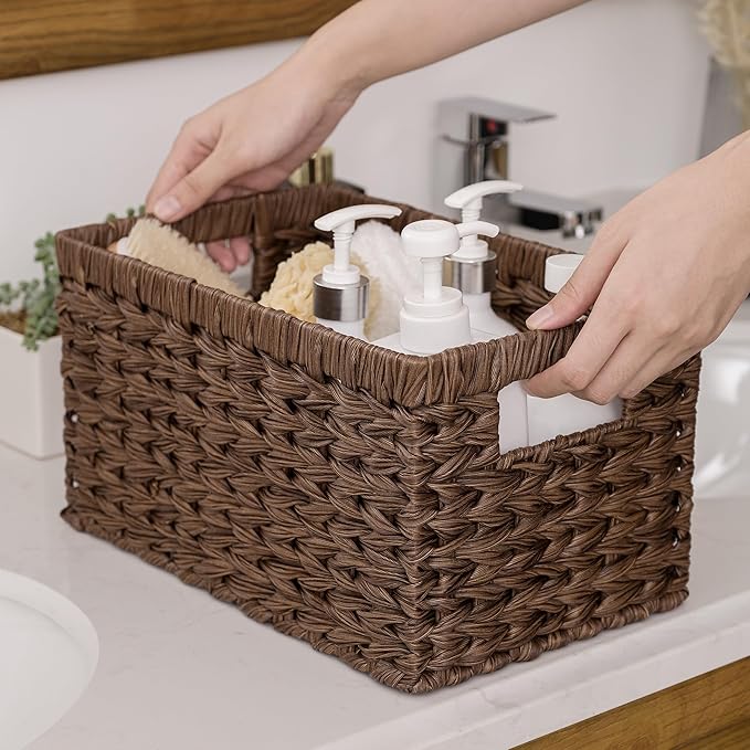 GRANNY SAYS Wicker Storage Baskets for Shelves, Wicker Baskets for Organizing, Waterproof Woven Basket for Pantry, Rectangle Basket for Shelf, Brown, 2-Pack