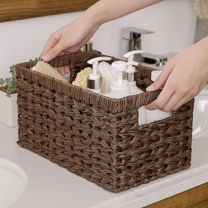 GRANNY SAYS Wicker Storage Baskets for Shelves, Wicker Baskets for Organizing, Waterproof Woven Basket for Pantry, Rectangle Basket for Shelf, Brown, 2-Pack