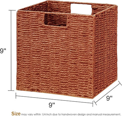 Vagusicc Wicker Storage Basket, Set of 2 Hand-Woven Paper Rope Wicker Basket, Foldable Cube Storage Bins, 9 inch Square Storage Baskets for Organizing Shelves & Decor, Orange (9″×9″×9″)