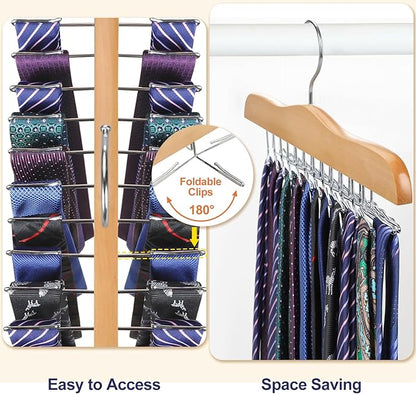TOPIA HANGER Tie Rack Hanger for Closet, Wooden Tie Organizer for Men with 24 Folding Hooks, Space Saving Necktie Holder for Storage and Display Bra, Tank Top, Camisole (1-Pack), Natural- CT14N