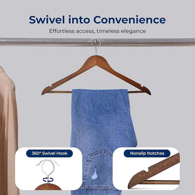 SereneLife 80 Solid Wooden Hangers Heavy Duty Closet Organizer Vintage Natural Color Chrome 360° Swivel Hook Notched Design Holds Dresses Jackets Pants Suits 10 lbs Capacity