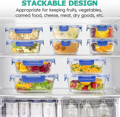 34pcs Glass Food Storage Containers with Lids Set, Airtight Glass Meal Prep Containers (17 Containers & 17 Lids), Leak Proof Lunch Container BPA-Free, Microwave, Oven, Freezer, Dishwasher Safe-Blue