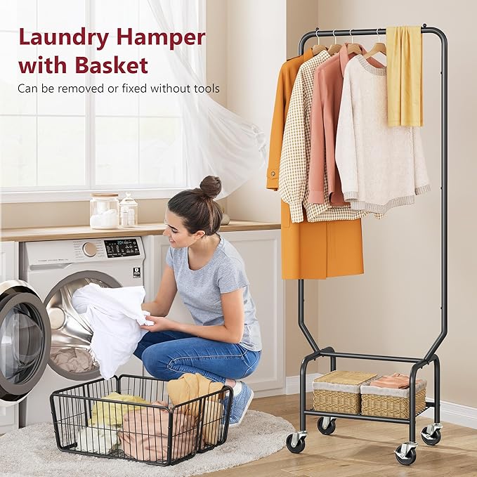Tajsoon Laundry Cart with Hanging Rack, Metal Laundry Basket with Wheels, Laundry Hamper with Storage Basket and Shelf, Rolling Laundry Cart with Wheels, Black