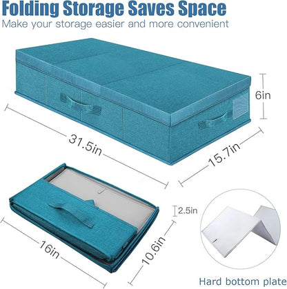 Supowin Underbed Storage Containers Bin with Lids (2pcs) Large Under Bed Storage Organizer Box with Handle, Foldable Under the Storage Bags for Organizing Clothes, Shoes, Blankets, Pillows-Cyan blue