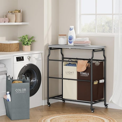 Hoctieon 3 Section Laundry Sorter Cart with Ironing Board, Laundry Hamper Basket with Shelf and Wheels, Heavy Duty Clothes Organizer, Large Clothes Separator with Removable Bags, Brown+Gray+Beige