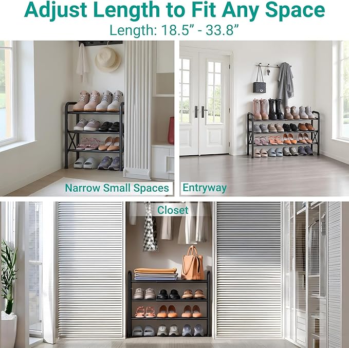 YEASHEIN 3-Tier Expandable Shoe Rack for Closet Floor, X-Frame Metal Small Shoe Rack for Entryway, Adjustable Shoe Shelf Organizer, Free Standing Shoe Racks for Front Door Entrance, Garage - Black