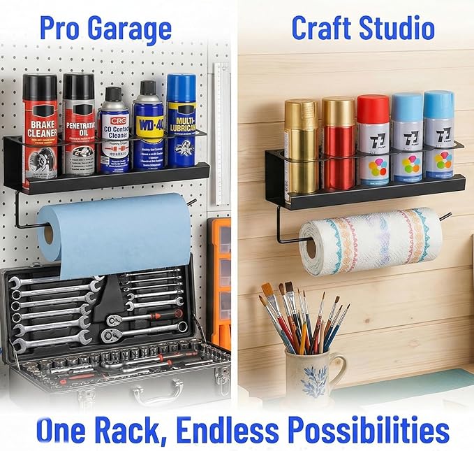 Cedilis 2 Pack Aerosol Spray Can Holder Rack with Paper Towel Holder, Wall Mounted Steel Spray Bottle Organizer, Black Spray Paint Can Holder for Garage and Workspace, Mounting Accessories Included