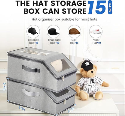 2 Pack Hat Storage for Baseball Caps, Hat Box with Clear View Window, Hat Organizer for Baseball Caps Holds 30 Caps with Cardboard for Men & Women, Ball Cap Organizer for Closet & Shelf (Light Gray)